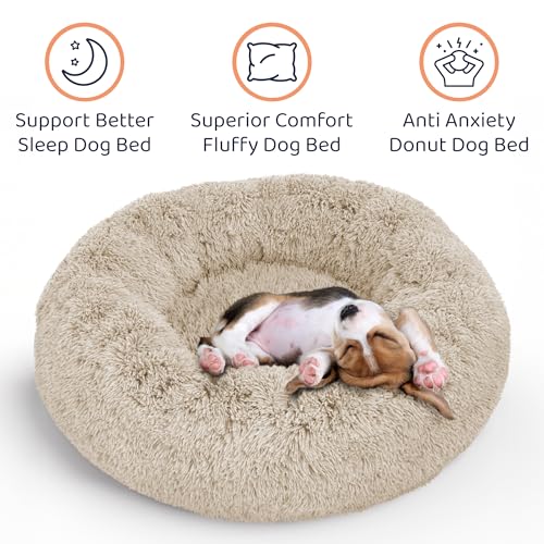 Calming Donut Dog Bed for Small Dogs (Ivory Beige / Small (23"L x 23"W x 8"Th))