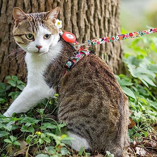 Cat Harness and Leash Escape Proof for Walking Travel Outdoor (Floral / Neck:7.6"-12" chest:10.6"-18")