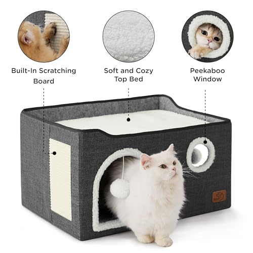 Extra Wide Cat House Bed with Fluffy Ball and Scratch Pad (Dark Grey / Widen)