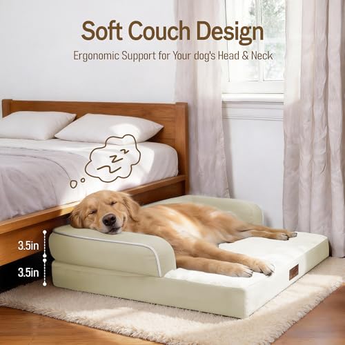 Washable Dog Bed with Bolster for Medium to Large Dogs (Beige / 36"L x 27"W x 7.5"Th)