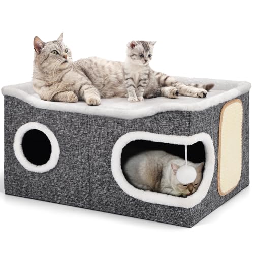 Extra Large Cat House Bed for Multi Cats with Scratch Pad Grey (Grey / Extra Large)