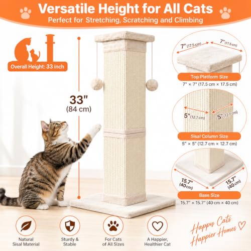 Cat Scratching Post 33 Inch Nature Sisal Cat Scratch Post for Indoor Cats (white)