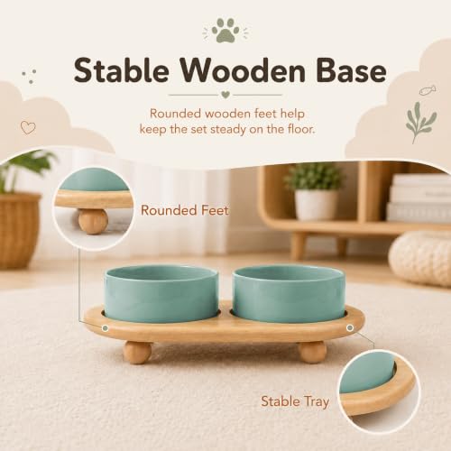 Raised Cat Bowl 5.1” Elevated Ceramic Cat Food and Water Bowl Set (Light Green)