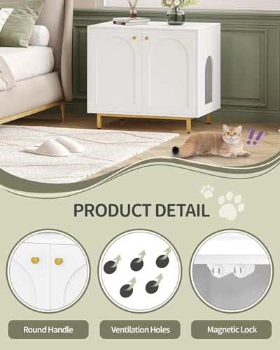 Cat Litter Box Enclosure (31.5"L x 21.7"W x 27.6"H / White and Gold)