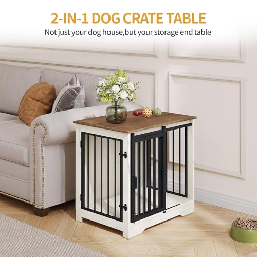 27.2" S Dog Crate Furniture Indoor Dog Kennel with Barn Door (White Brown / 27.2"L x 19.3"W x 25.4"H)