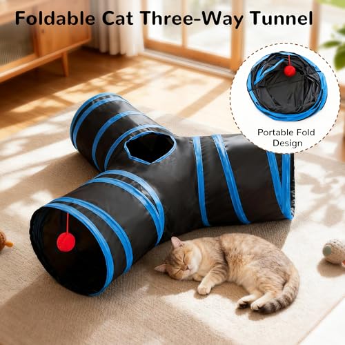 Cat Tunnel, 3-Way Collapsible Toy for Indoor Cats, Royal Blue (Black & Royal Blue / Small)