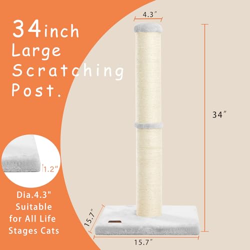 34inch Cat Scratching Post with Natural Sisal Rope 4.3Inch Large Diameter Scratcher Post Tree for Indoor Cats Grey (Grey)