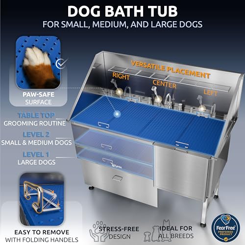 Professional Dog Washing Station 304 Stainless Steel Pet Wash Sink (Silver, Right Ramp, 1 Drawer / 61 Inches)
