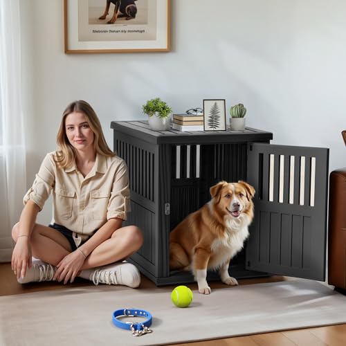 Dog House Resin Outdoor Dog Kennel with Ventilated Design (Black-A / 39.37*28.35*32.83 INCH)