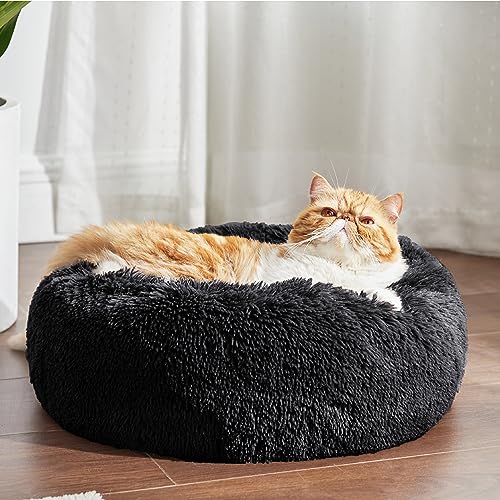 Calming Cat Beds Donut Round Washable Kitten Bed (20"L x 20"W x 6"Th / Black)