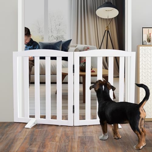 Foldable Freestanding Indoor Dog Gate for House Wood White Long Pet Gates Dog Fence for Stairs Puppy Gates for Hallways (White / 【2 Panels】40''w X 24''h)