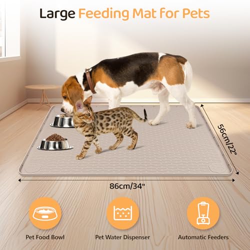 Dog Food Mat 34''x22'' Extra Large Dog Mat for Food and Water (34"L x 22"W / Khaki)