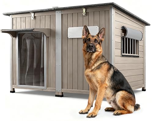 55" Extra XL Wooden Outdoor Dog House with Iron Frame for Large Dogs