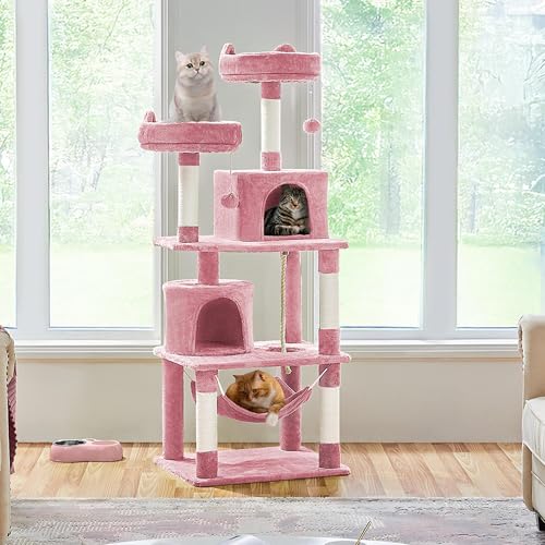 62.5inches Cat Tree Cat Tower Cat Condo with Platform & Hammock (62.5in / Pink)