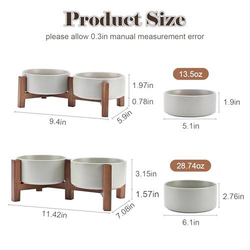 Ceramic Dog Bowls Set with Acacia Wood Stand (13.52 Oz / Gray)