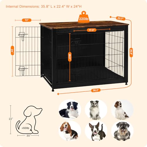 38.5" XL Dog Crate Furniture with Cushion (Black+Rustic Brown / 38.5"L x 25.6"W x 26.8"H)