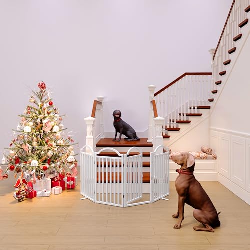 Metal No Assembly Freestanding Dog Gate with Door Walk Through (White S / 4 panels 80"W*30"H HFG)