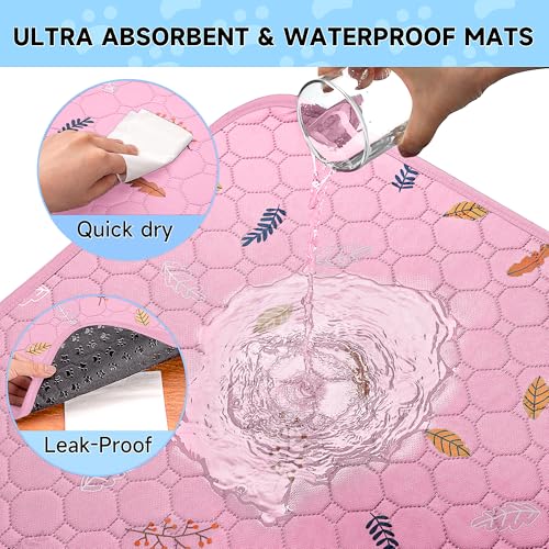 2 Pack Extra Large Reusable Dog Mat for Floor (Leaves - Pink / 36x41 Inch (Pack of 2))