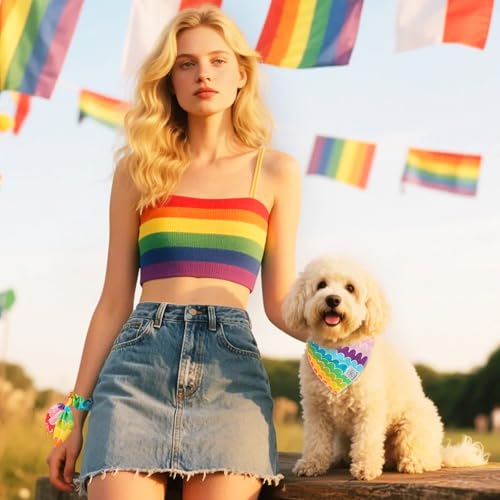 Rainbow Dog Bandanas & Matching Scrunchie Set Girl Cute Pride Dog Scarf Bibs Pet Bandana with Bow Tie for Medium Large Dogs Owner Mom Summer (rainbow-02 / Large-set of 1)