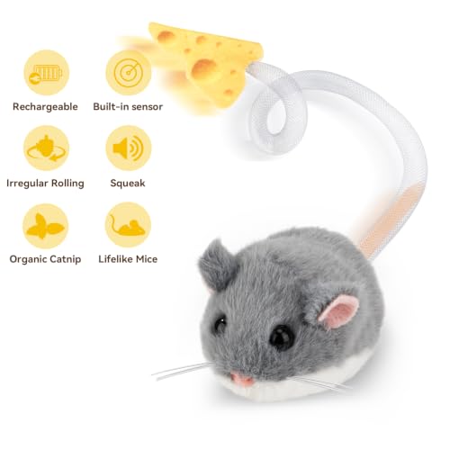 Interactive MigiMouse Cat Toy 360° Rolling & Spin with Mesh Plastic Tail for Indoor Cats Smart Motion Sensor