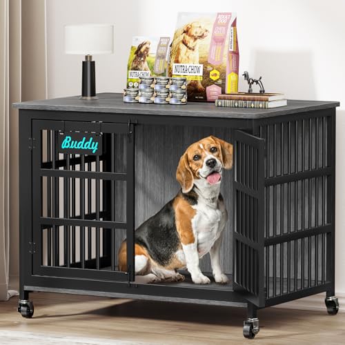 41"/32"/27" Dog Crate Furniture with Name Tag, Heavy Duty Dog Kennel Indoor for Medium Dogs, Double-Doors Sturdy Metal Dog Cage for Anxiety Dog, Decorate House as TV Stand, End Table (40.8"L x 29.3"W x 30.2"H / Dark Grey)