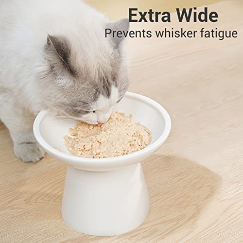 Extra Wide Elevated Ceramic 6.2" Shallow Cat Food Bowl (White-Shallow)