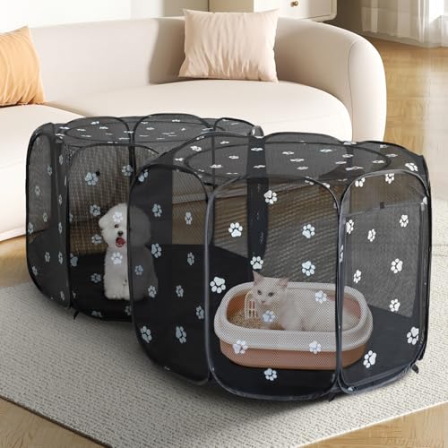 2-in-1 Pop Up Dog Playpen Cat Pet Puppy Playpen, Non-Detachable (Black Mesh / 55.2"L x 27.6"W x 17"H)