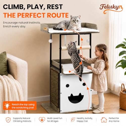 48in Wood Modern Cat Tree for Large Indoor Cats with Big Perch Bed (Greige3 / 48 Inches)