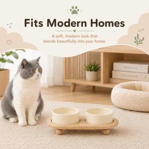 Raised Cat Bowl 5.1” Elevated Ceramic Cat Food and Water Bowl Set (Light Yellow)