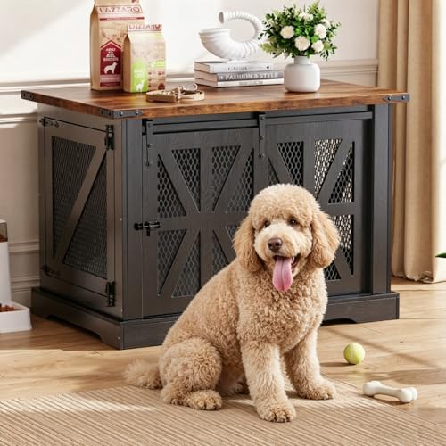 43.3" Dog Crate Furniture with Sliding Doors for Large Dogs Up to 55 lbs (Black / 43.3"L x 31.5"W x 37.2"H)