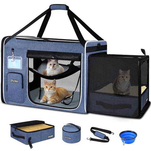 Side Expandable Extra Large Cat Carrier with Litter Box (Blue)