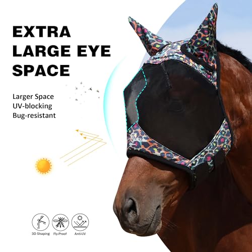 Pro LumiVista Horse Half Face Fly Mask Large Eye Space with Ears UV Protection for Horse Iridescent Prints M (Iridescent Prints / M)