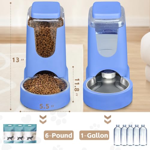 Portable Automatic Cat Feeder and Water Dispenser with Stainless Steel Bowl Dog Gravity Food Feeder and Waterer for Small Medium Pets Puppy Kitten 1 Gallon x 2 (Sapphire Blue)