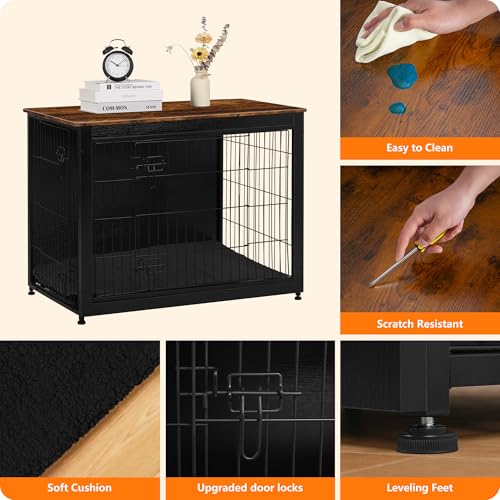 38.5" XL Dog Crate Furniture with Cushion (Black+Rustic Brown / 38.5"L x 25.6"W x 26.8"H)