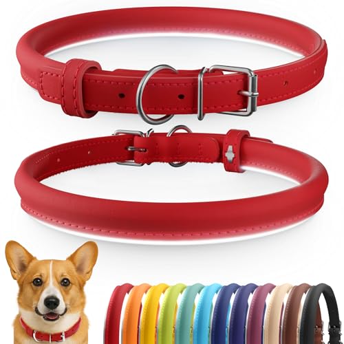Tangle Free Reflective Leather Dog Collar (Red / M)