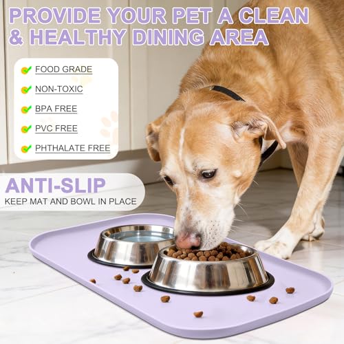 Waterproof Silicone Pet Food Mat with Raised Edge for Dog & Cat (Light Purple / 19"L x 12"W)