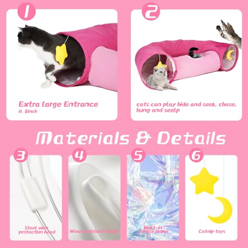 Cat Tunnel Large Indoor Durable Collapsible Interactive Cat Tube with Peek (PINK)