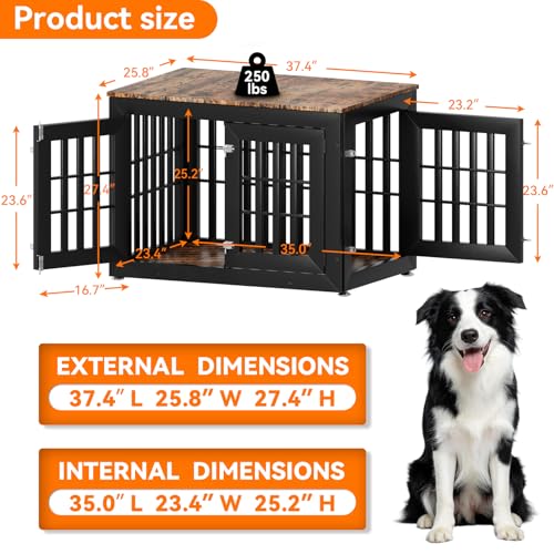38" Heavy Duty Dog Crate Furniture for Large (37.4"L x 25.8"W x 27.4"H / Black+Brown)