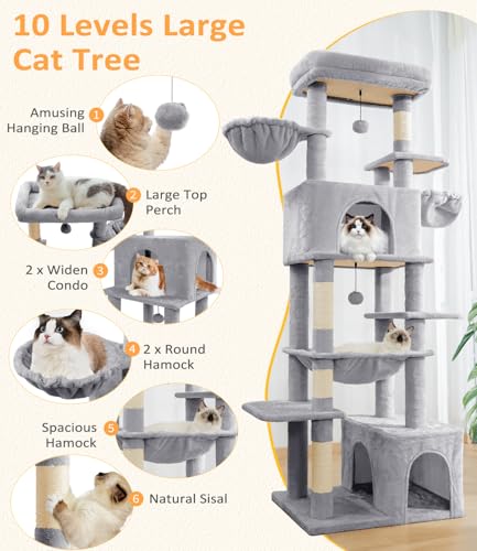 68" Multi Level Large Cat Tree Tower for Indoor Cats (Light Grey)