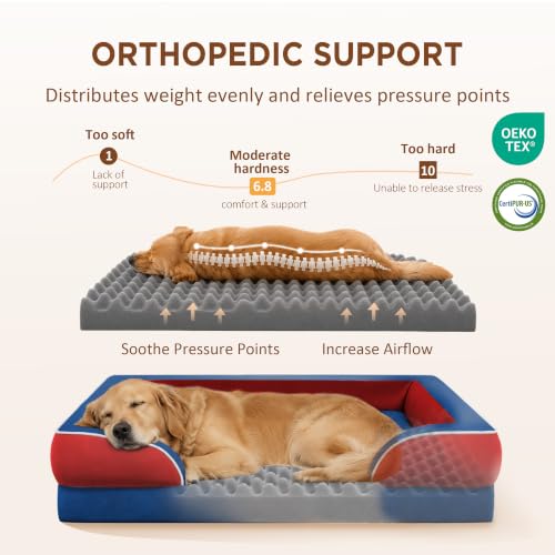Orthopedic Dog Bed for Extra Large Dogs with Bolster (45.0"L x 35.0"W x 8.5"Th / Classic Tri-Color)
