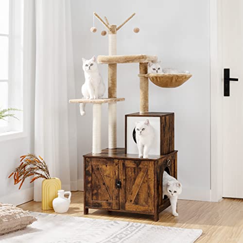 Cat Tree with Litter Box Enclosure for Indoor (Rustic Brown)