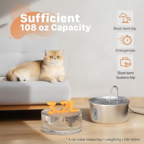 108oz 3.2L Cat Water Fountain Stainless Steel with 6 Filters 3 Sponges