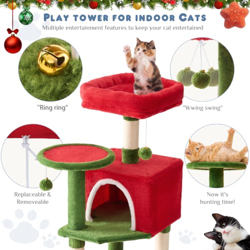 44 Inch Cat Tree Tower with Natural Sisal Scratching Posts (Red & Green / 44 Inch)
