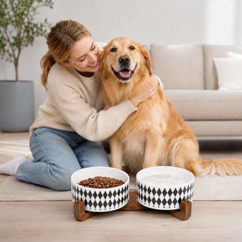 Ceramic Dog Cat Bowl Set with Stand (Black Rhombus / 850ML*2)