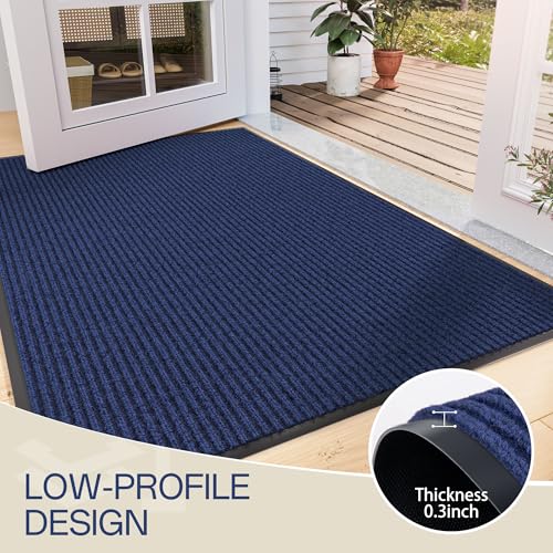 Front Door Mat Outside Entrance (Blue Striped / 4' x 5' (Rectangular))