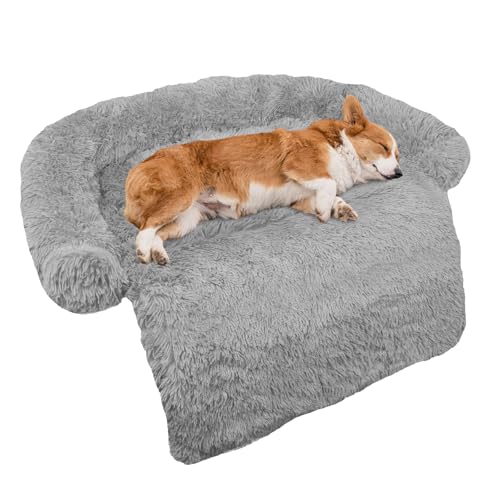 Calming Dog Bed Fluffy Plush Dog Mat for Furniture Protector with Removable Washable Cover for Large Medium Small Dogs and Cats (Grey / 41.0"L x 37.0"W x 6.0"Th)