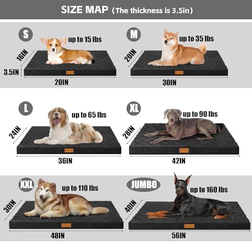 Orthopedic Large Dog Bed Washable Pet Crate Mat 48''X30'' Black (Black / 48"L x 30"W x 3.5"Th)