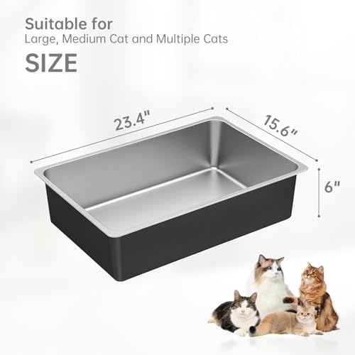 Large High Sided Stainless Steel Cat Litter Box (23.4"L x 15.6"W x 6"H)