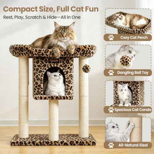 Cat Tree Tower Scratching Post for Indoor Large Adult Cats with Perch Bed (Leopard Print / 28 Inches)