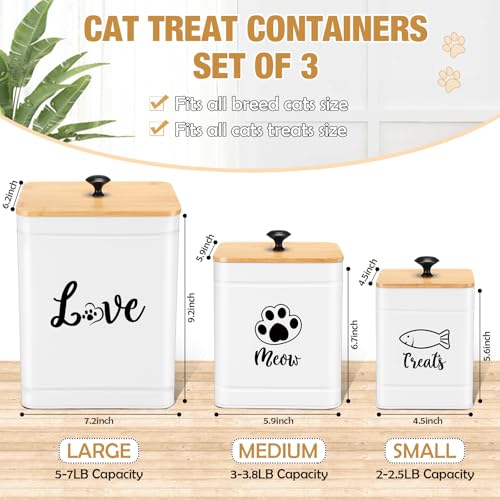 Metal Airtight Cat Food Containers Set of 3 with Bamboo Lids and Spoon 7+3+2 Lbs Cat Treat Storage Container Countertop with DIY Labels Pet Cookie Organizer Jars for Kitchen Counter (White)